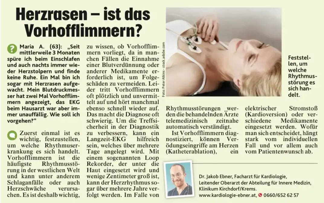 Sie sehen den Artikel in der Kronenzeitung, Herzrasen - ist das Vorhofflimmern?