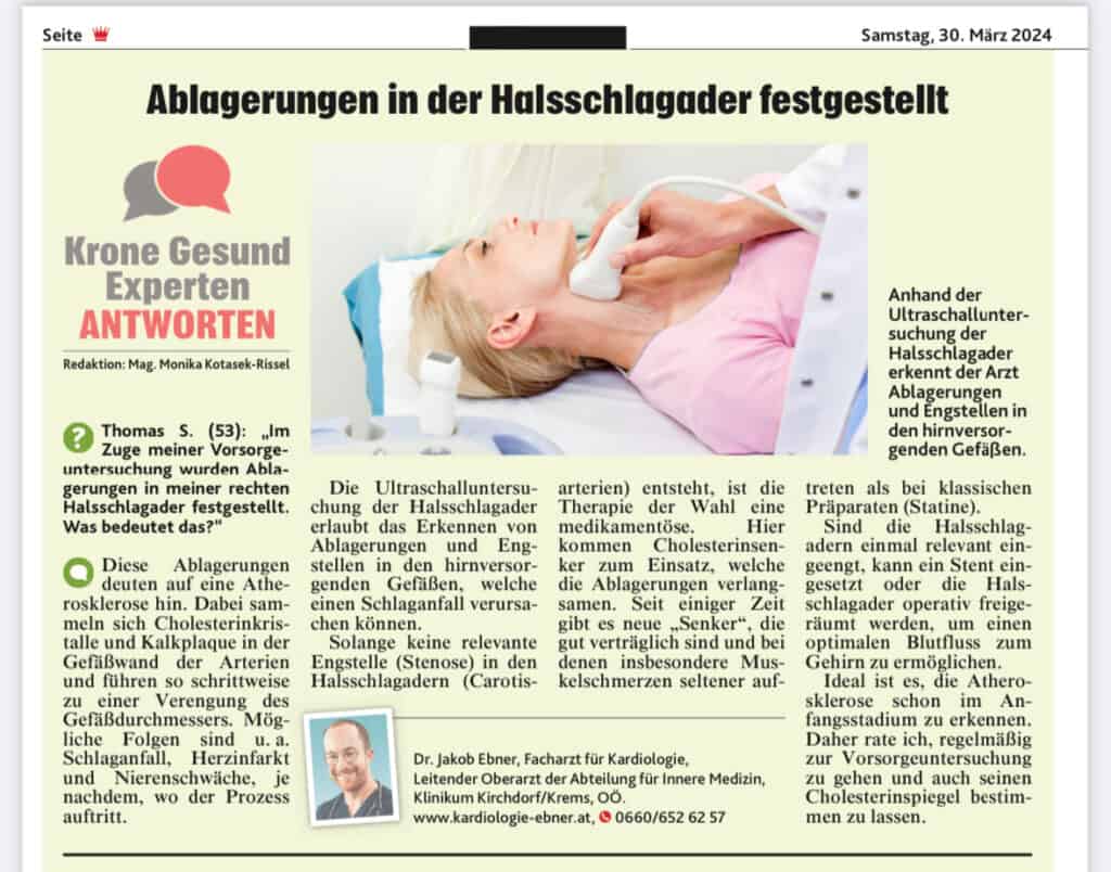 Bild eines Zeitungsartikel mit Dr. Jakob Ebner zum Thema Carotisultraschall