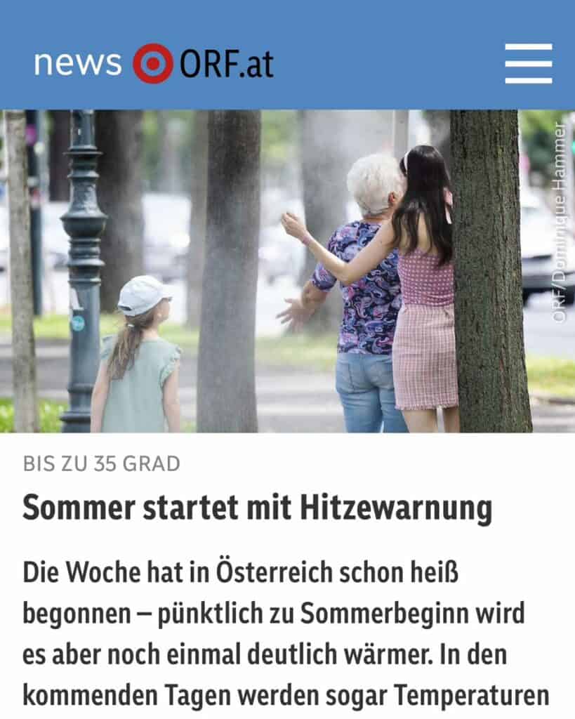 Bild eines Artikels der Homepage orf.at zum Thema Hitzewarnung