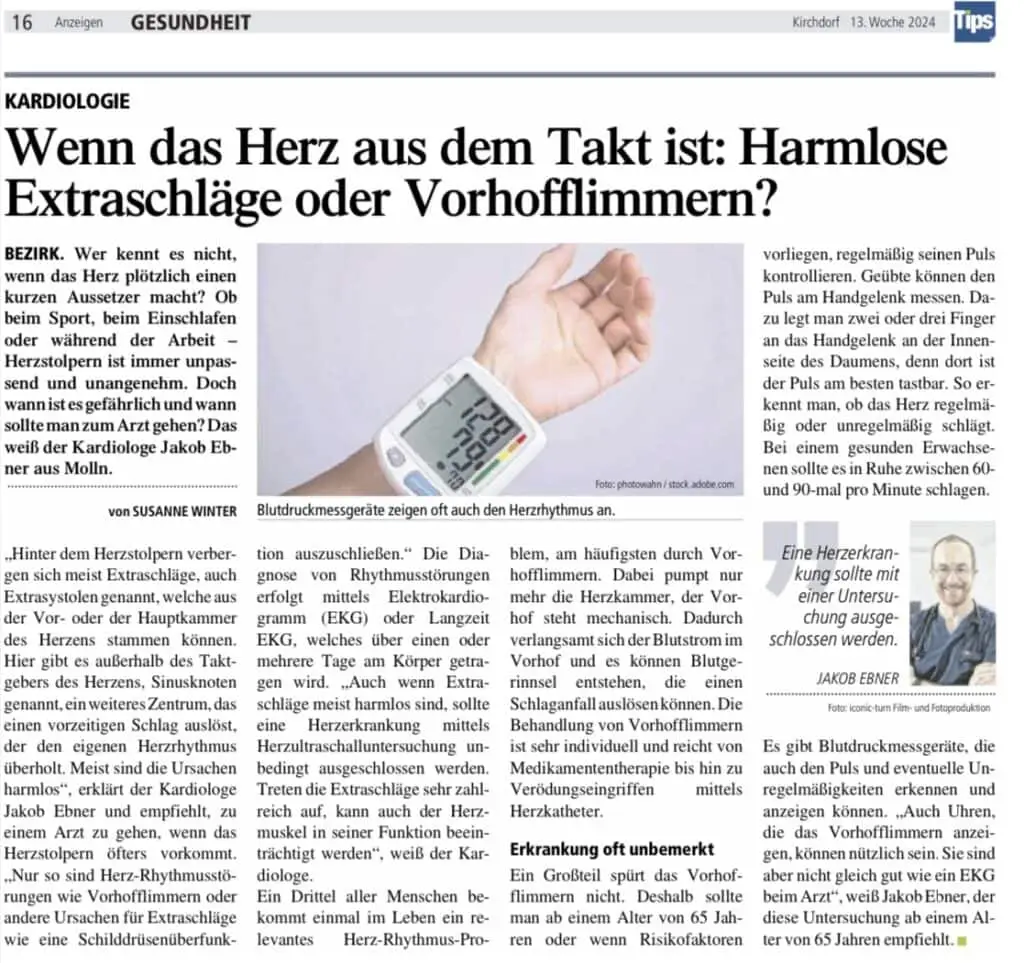 Bild eines Artikels zum Thema Herzstoplern und Extrasystolen aus der Zeitung Tips